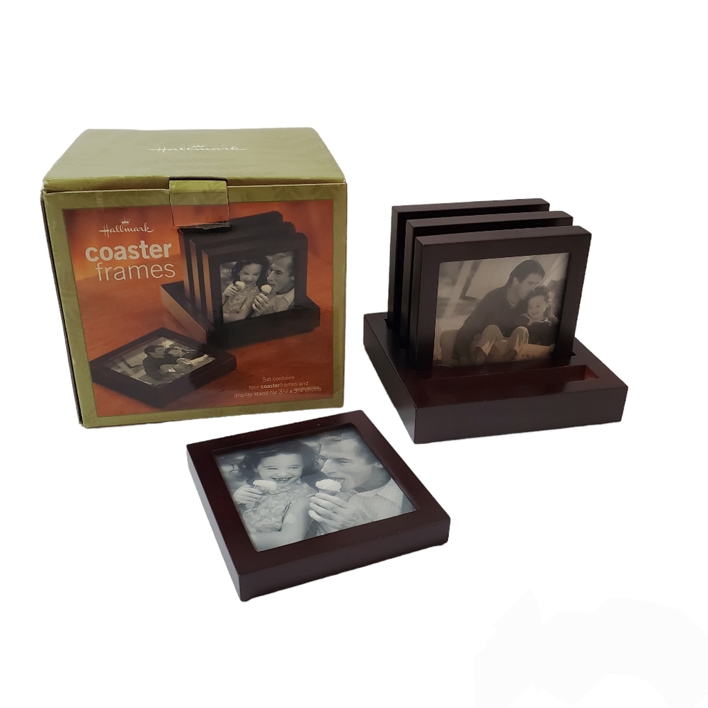 Vintage Hallmark Coaster Frames with Display Stand 2003 Wood Glass